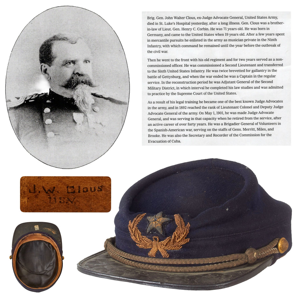 Original U.S. Spanish-American War Named & Identified M1872 Kepi of Brigadier General John Walter Clous - Brevetted Twice for Gallantry at Gettysburg & Served on Staff of Generals Merritt, Miles, and Brooke in SAW Original Items