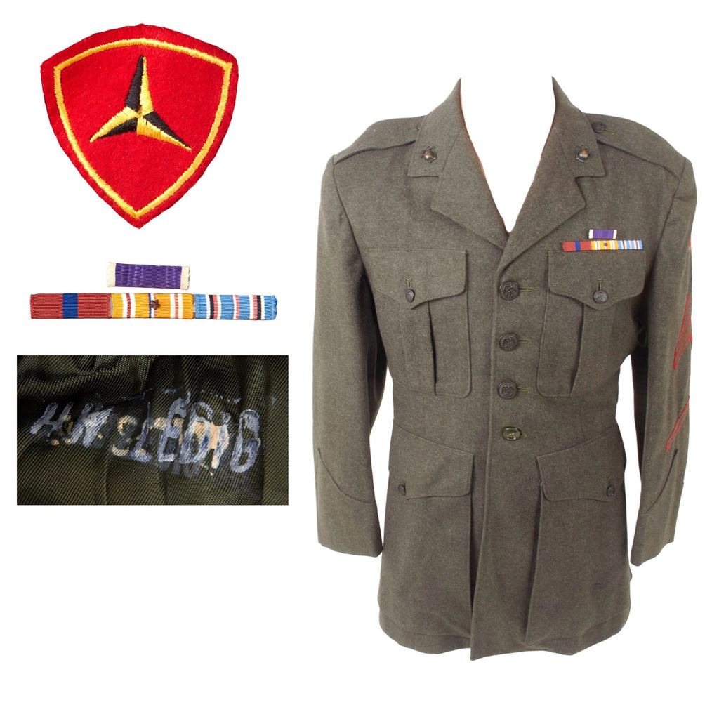 Original U.S. WWII 3rd Marine Division Uniform Jacket with Ribbon Bar and Faint Name - Good Research Project Original Items