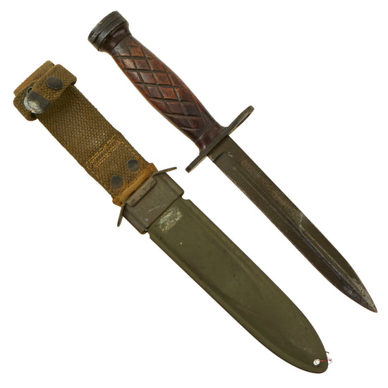 Original U.S. WWII M4 Bayonet by Utica Cutlery for the M1 Carbine with Factory Variant Wooden Handle & M8 Scabbard by B.M. Co Original Items