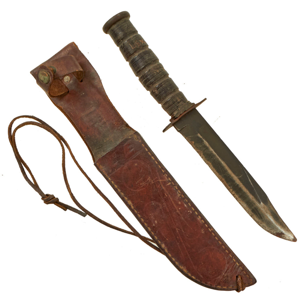 Original U.S. WWII USMC Mark 2 KA-BAR Fighting Knife by CAMILLUS in Personalized Leather Sheath Original Items