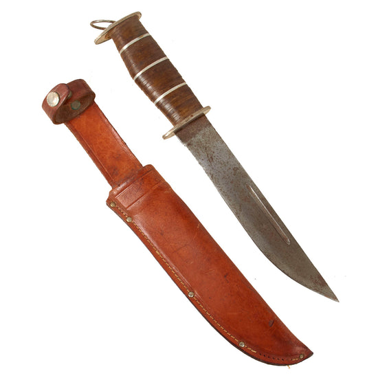 Original WWII Large EG Waterman EGW Stacked Leather Grip Fighting Knife with Custom Handle & Sheath Original Items