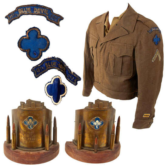 Original U.S. WWII 88th Infantry Division Uniform & Trench Art Shell Group with Outstanding Painted Blue Devil Clovers - Pfc. Charles Conover, Co. F, 349th Infantry Regiment Original Items
