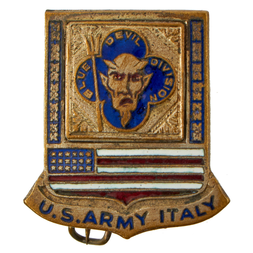 Original U.S. WWII 88th “Blue Devils” Infantry Division Italian-Made Enamel DI Pin with U.S. Army Italy Scroll - Rare Original Items