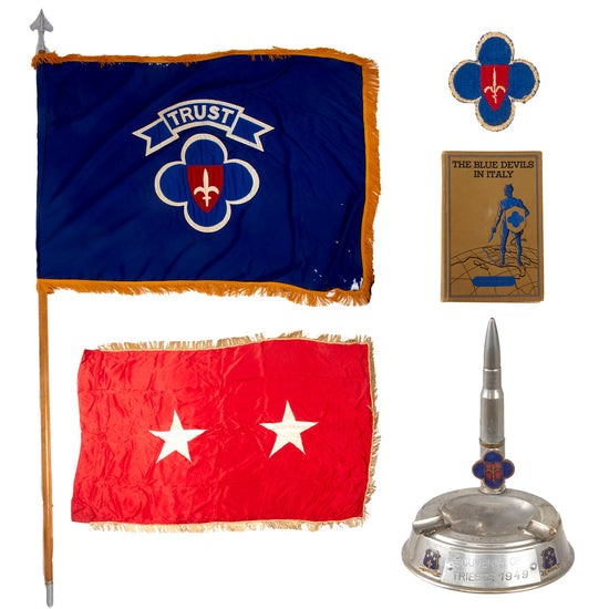 Original U.S. Post-WWII Occupation 88th Infantry Division General Bernice McFadyen “TRUST” Grouping with Command Flag on Pole with Cover, Combination Trench Art Ashtray & Lighter, Italian-Made SSI Original Items