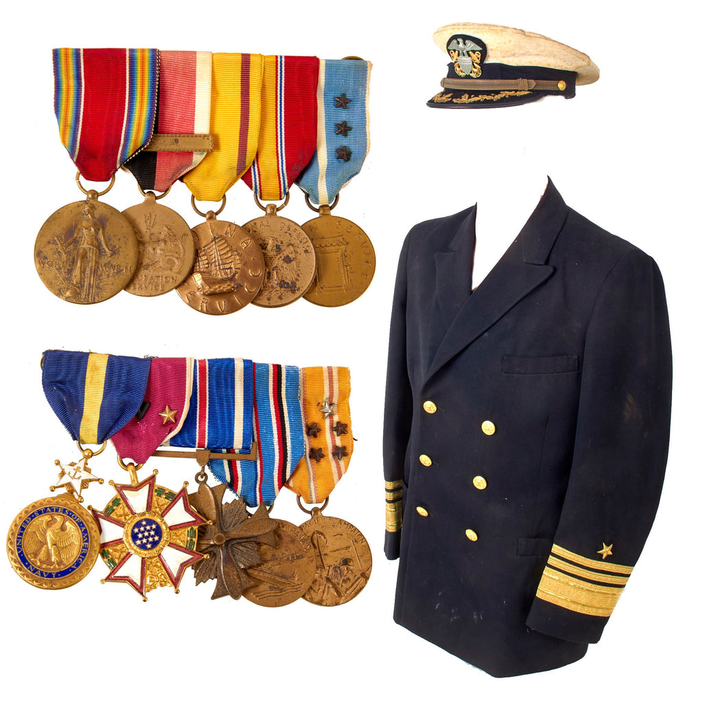 Original U.S. WWII Medal Racks of Admiral Andrew McBurney Jackson, Jr. with 1960s Coat & Bancroft Cap as Displayed in Museum - Engraved DFC, LM, & Navy DSM Original Items