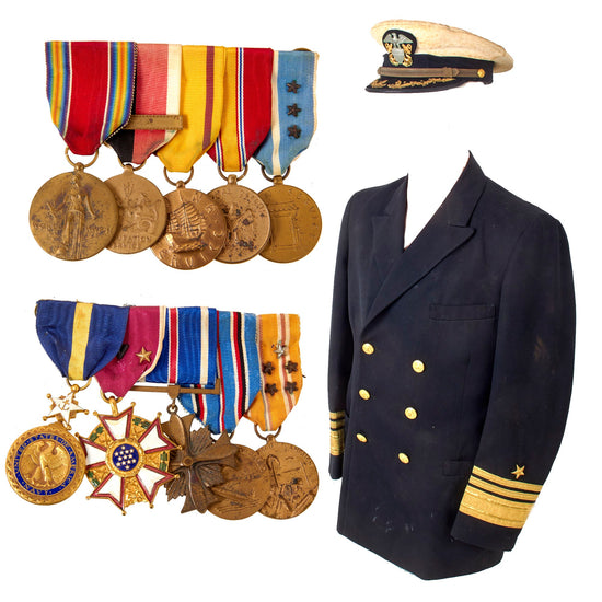 Original U.S. WWII Medal Racks of Admiral Andrew McBurney Jackson, Jr. with 1960s Coat & Bancroft Cap as Displayed in Museum - Engraved DFC, LM, & Navy DSM Original Items