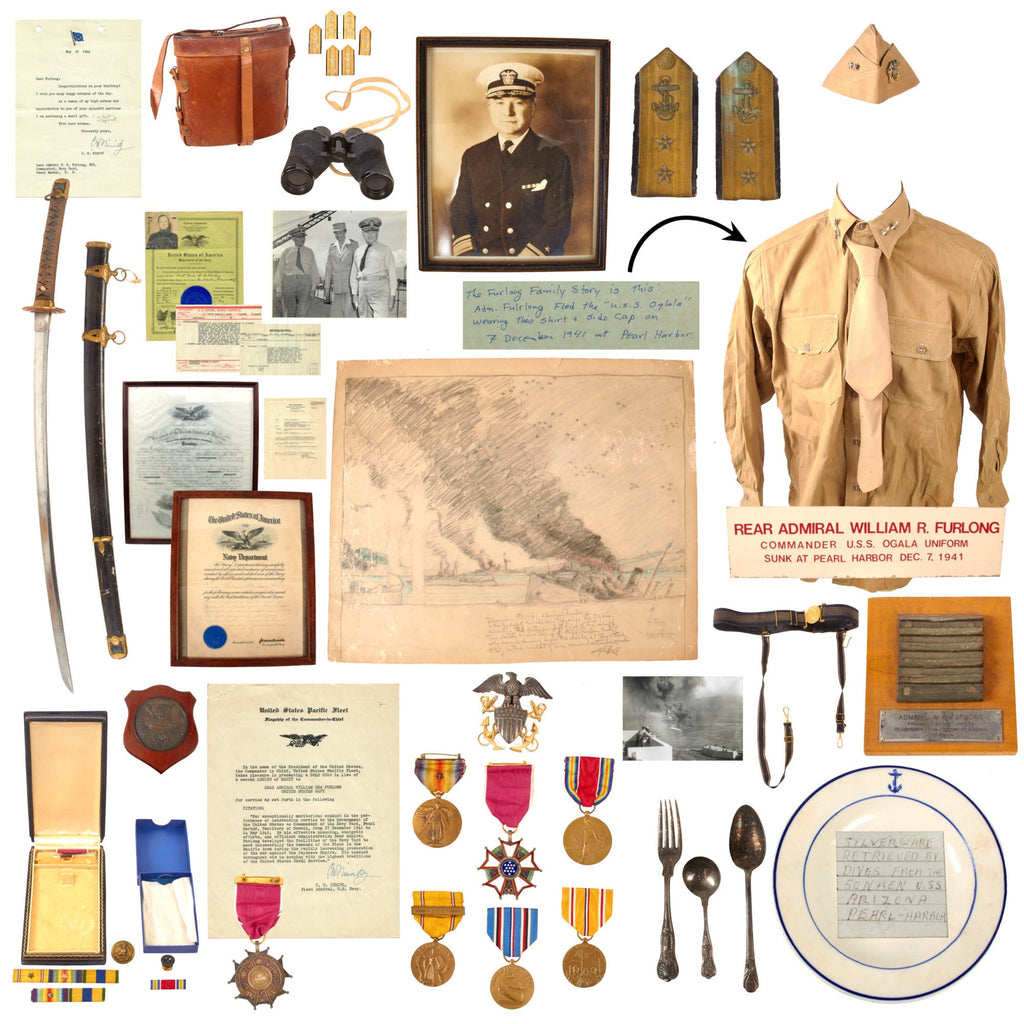 Original U.S. WWII Attack on Pearl Harbor Admiral Furlong Uniform Grouping with Nimitz-Gifted 16th Century Japanese P37 Navy Officer Sword, USS Arizona Artifacts and Engraved Legion of Merit Medal Original Items