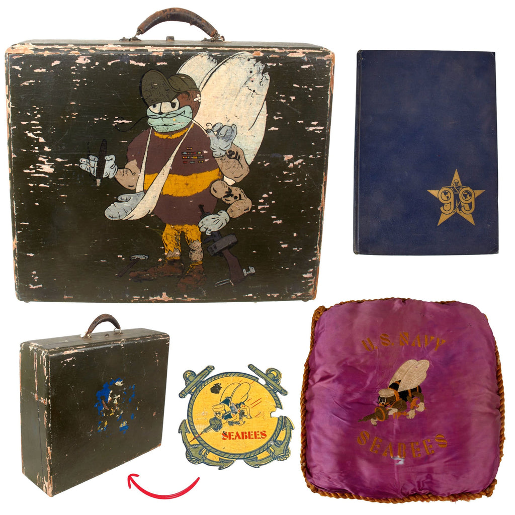 Original U.S. WWII 99th “Seabee” Naval Construction Battalion Painted Suitcase with Pillowcase & Unit History - Outstanding Original Items