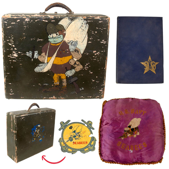 Original U.S. WWII 99th “Seabee” Naval Construction Battalion Painted Suitcase with Pillowcase & Unit History - Outstanding Original Items
