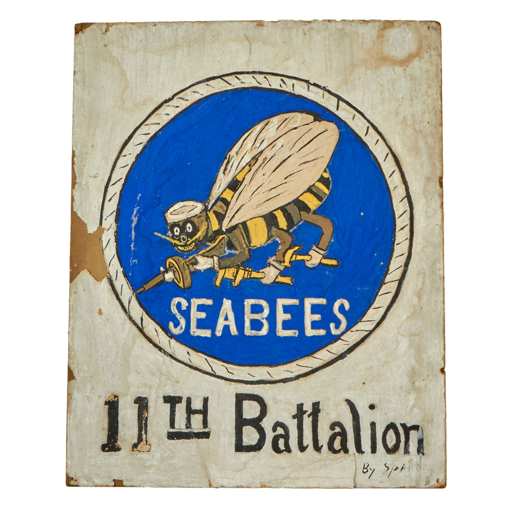 Original U.S. WWII Naval Construction 11th Battalion Seabees Hand-Painted Unit Sign - 8 x 10” Original Items