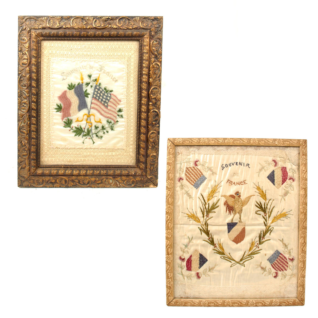 Original U.S. WWI Pair of Framed Embroidered French Souvenirs - 15½ x 18½” & 17½ x 21½” Original Items