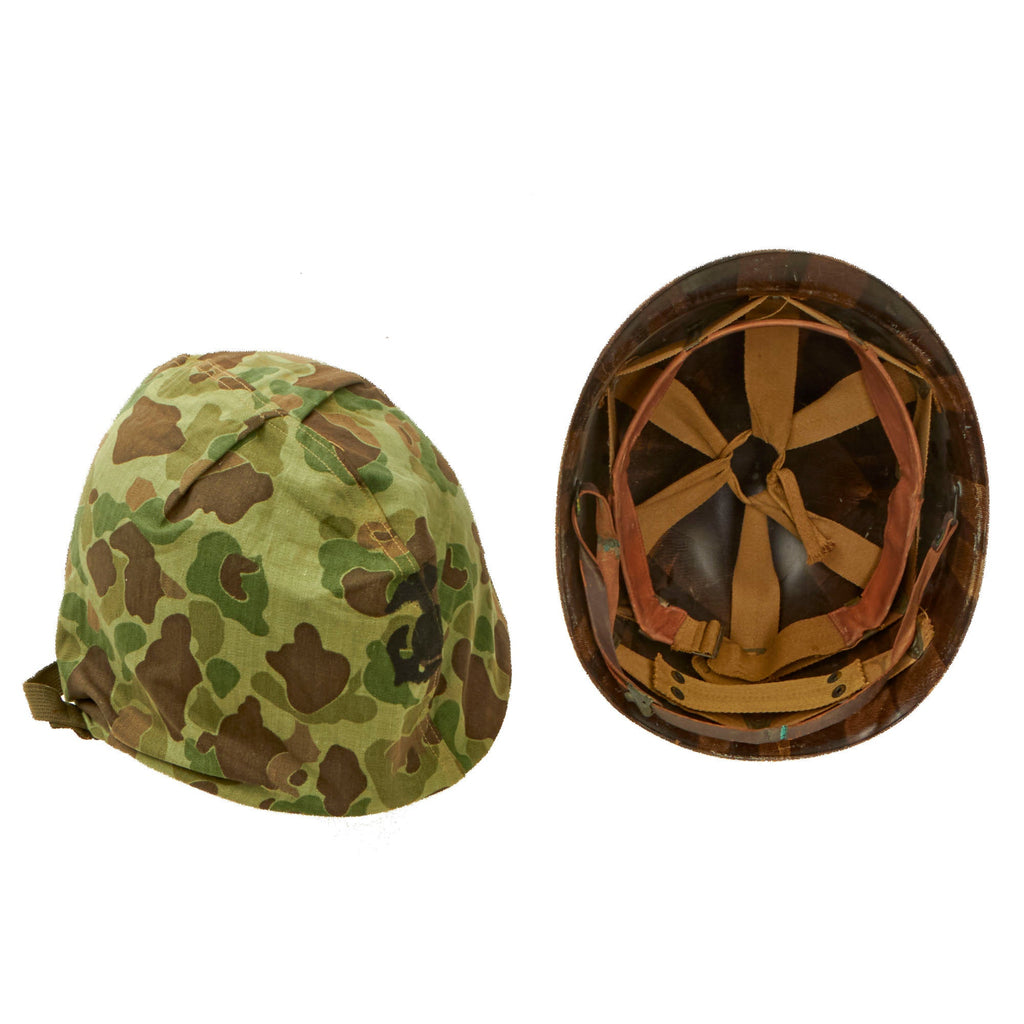 Original U.S. Korean War USMC M1 Helmet with Seaman Paper Company Liner and 1st Pattern USMC Camouflage “Frogskin” Cover - Complete Original Items