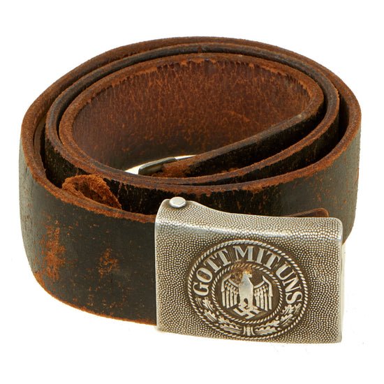 Original German WWII Army Heer EM/NCO Brown Leather Belt with Pebbled Aluminum Buckle by Dr. Franke & Co. of Lüdenscheid Original Items