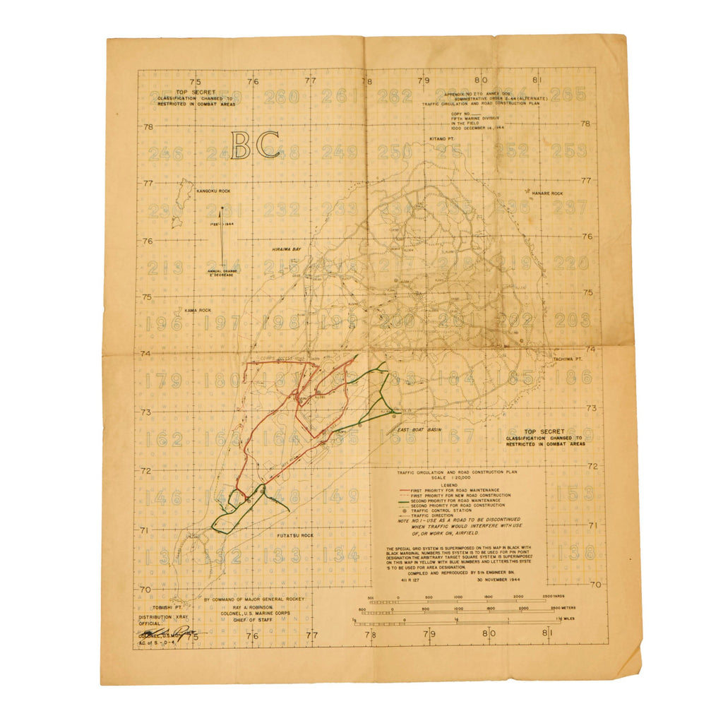 Original U.S. WWII USMC 5th Marine Division Battle of Iwo Jima Top Secret “Traffic Circulation & Road Construction Plan” Compiled Ahead of Battle in November 1944 - 16¼ x 20” Original Items