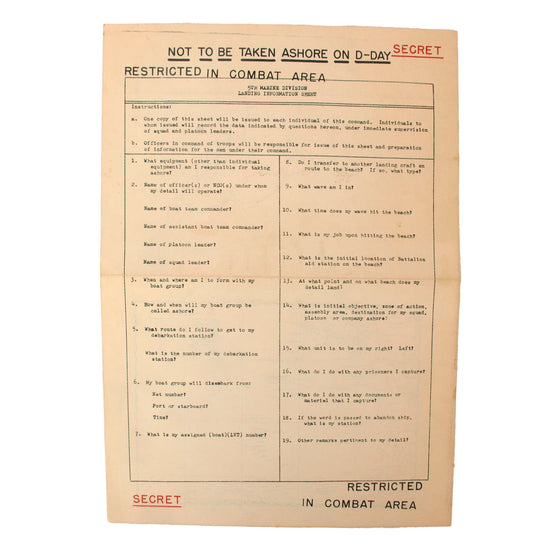 Original U.S. WWII 5th Marine Division Double-Sided Iwo Jima Landing Information Sheet - 9½ x 14” Original Items