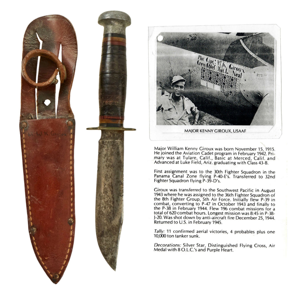 Original U.S. WWII 36th Fighter Squadron Named Case 5” Utility Knife & Belt Scabbard of “The Kankakee Kid” Major William Kenny Giroux - 12 Confirmed Kills Original Items