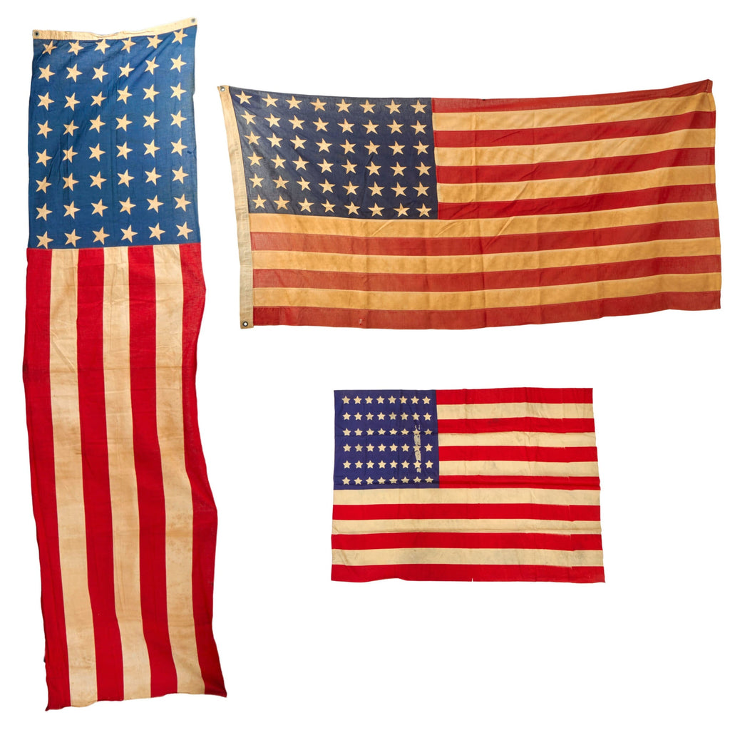 Original U.S. WWI & WWII 48 Star Wool Flags & Banner - Lot of 3 - 32 x 43”, 28 x 112” & 37 x 76” Original Items