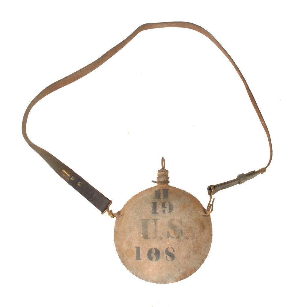 Original U.S. Indian Wars / Spanish-American War Unit-Marked M1878 Canteen with Leather Shoulder Strap - 19th Regiment, Company H Original Items