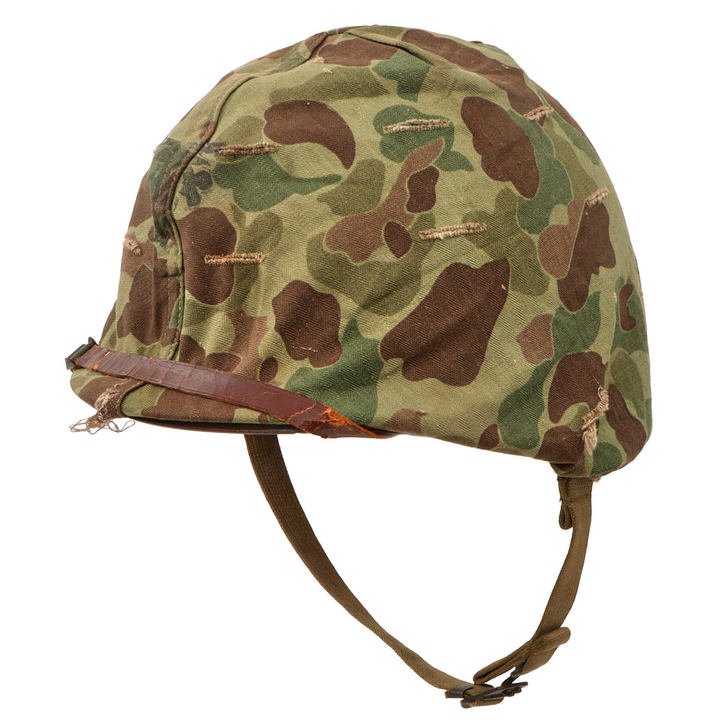 Original U.S. WWII  & Korean War USMC Front Seam Fixed Bale M1 Helmet with Westinghouse Liner and Blue Anchor 1953 USMC Cover With Torn Stenciled Eagle, Globe and Anchor - Complete Original Items