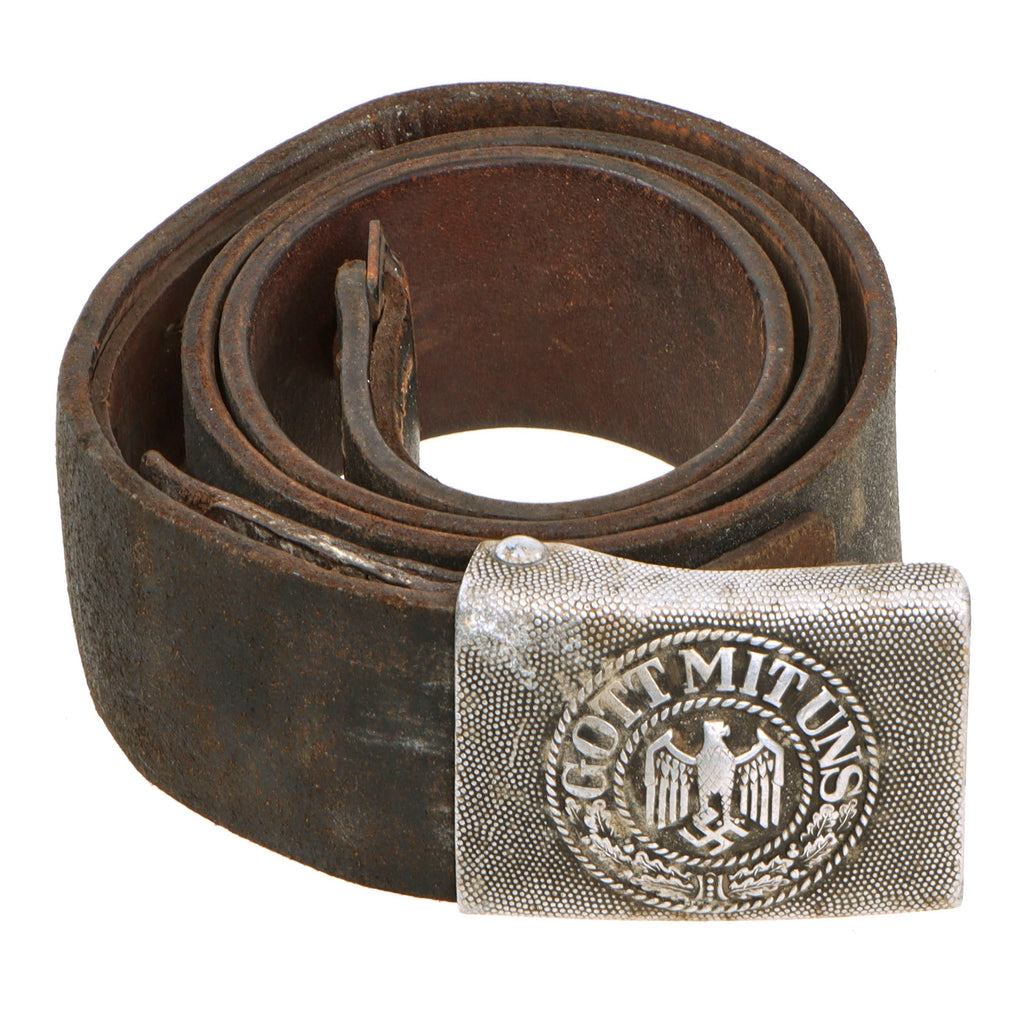 Original German WWII Early Heer Army EM/NCO Leather Belt with 1937 Dated Pebbled Aluminum Buckle by Klein & Quenzer A.G. Original Items