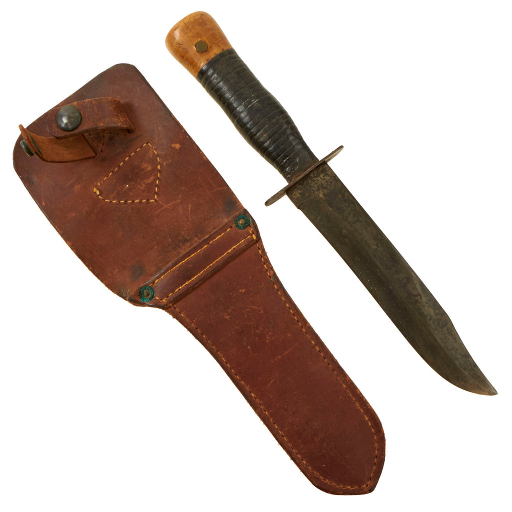 Original U.S. WWII USMC Early Blade-Marked Mark 2 KA-BAR Fighting Knife with Custom Handle with Wooden Pommel & Handmade Sheath Original Items