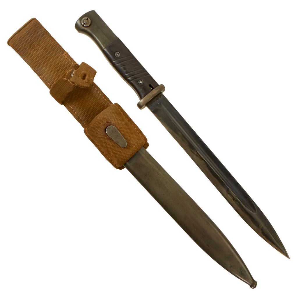 Original German WWII 1939 Dated 98k Bayonet by Paul Weyersberg with Scabbard & Tropical DAK Web Frog - Matching Serial 5337 g Original Items
