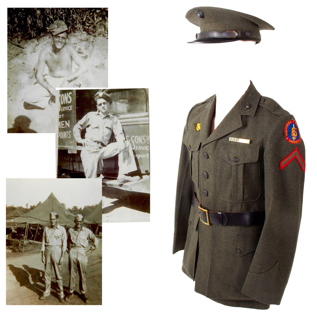 Original U.S. WWII Named 6th Marine Division Uniform Jacket & Visor Cap with Reprinted Photos & Belt - Private First Class Bruno J. Mingrone Original Items