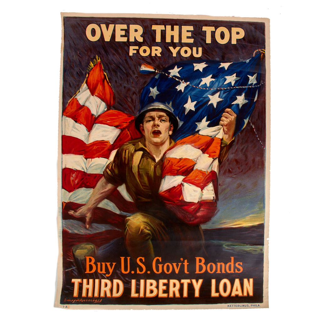 Original U.S. WWI Framed “Over the Top for You” 3rd Liberty Loan Propaganda Poster - 19 3/4 x 30” Original Items