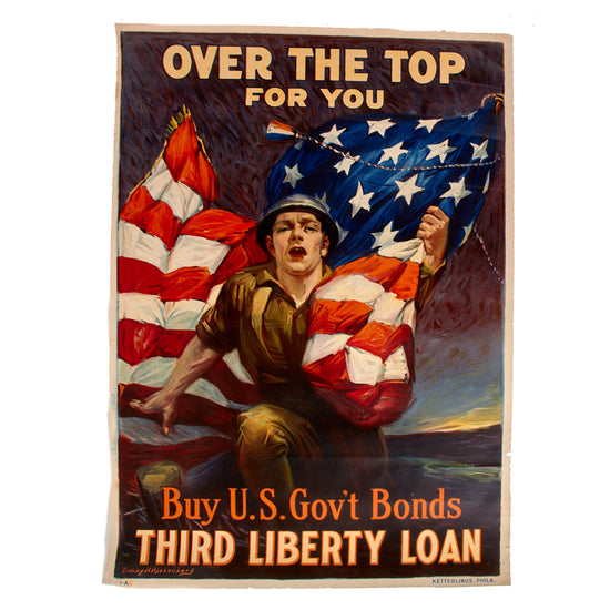 Original U.S. WWI Framed “Over the Top for You” 3rd Liberty Loan Propaganda Poster - 19 3/4 x 30” Original Items