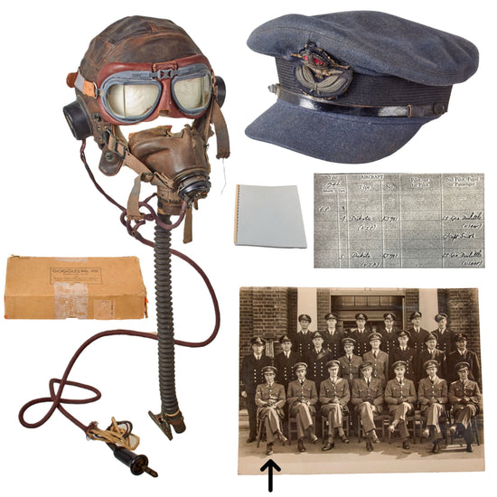 Original British WWII RAF Attributed Bomber Pilot’s Type C Leather Flying Helmet with Mk. VIII Goggles in Original Box, Type E* Oxygen Mask, RAF Visor Cap, and Photo with Reprints of Log Book - Engineer Officer H. T. E. Hone Original Items