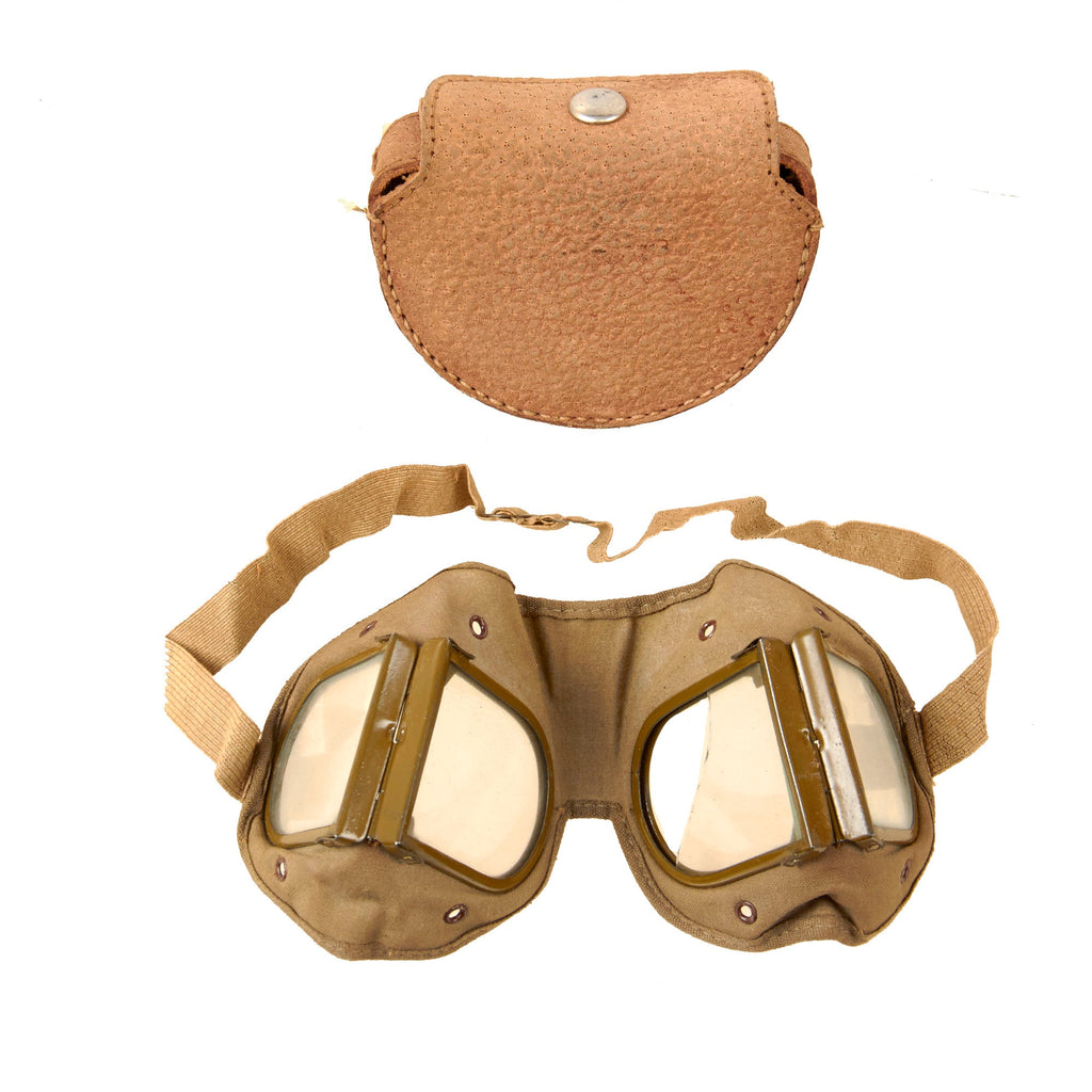 Original Japanese WWII Folding Tanker Goggles with Leather Case - Broken Lens Original Items