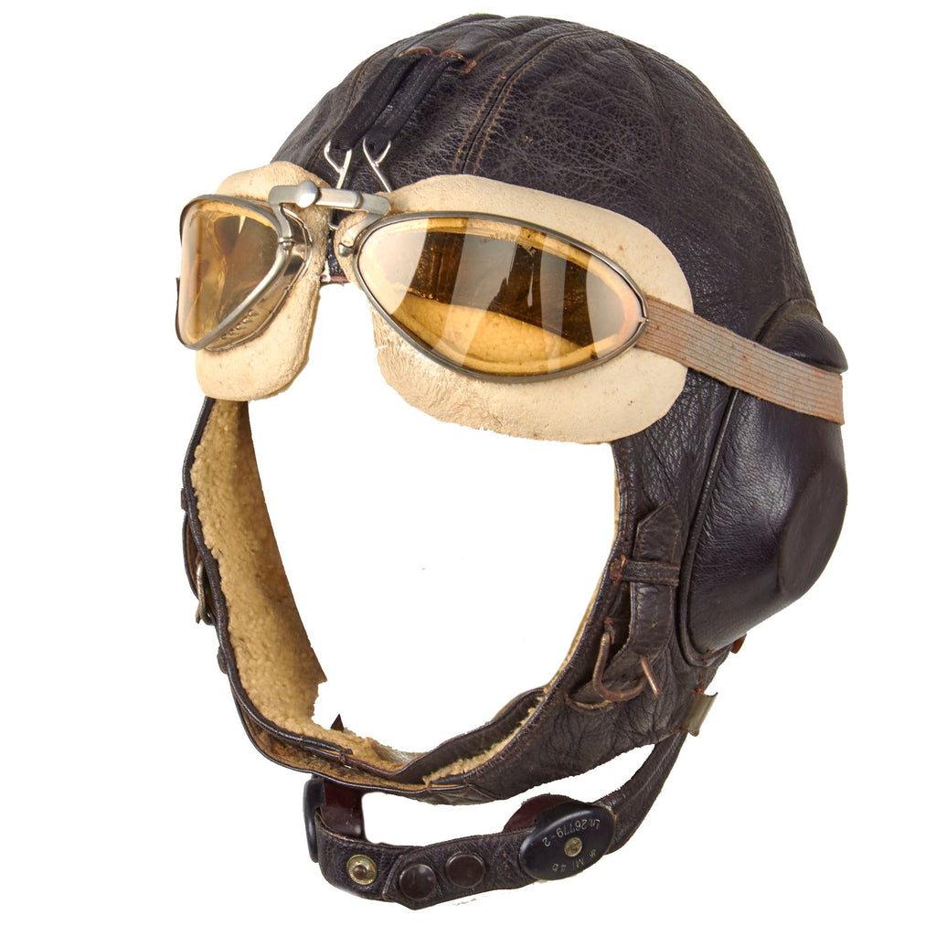 Original German WWII Luftwaffe LKpW101 Leather Winter Flying Helmet with Avionics & Goggles - Size 56cm Original Items