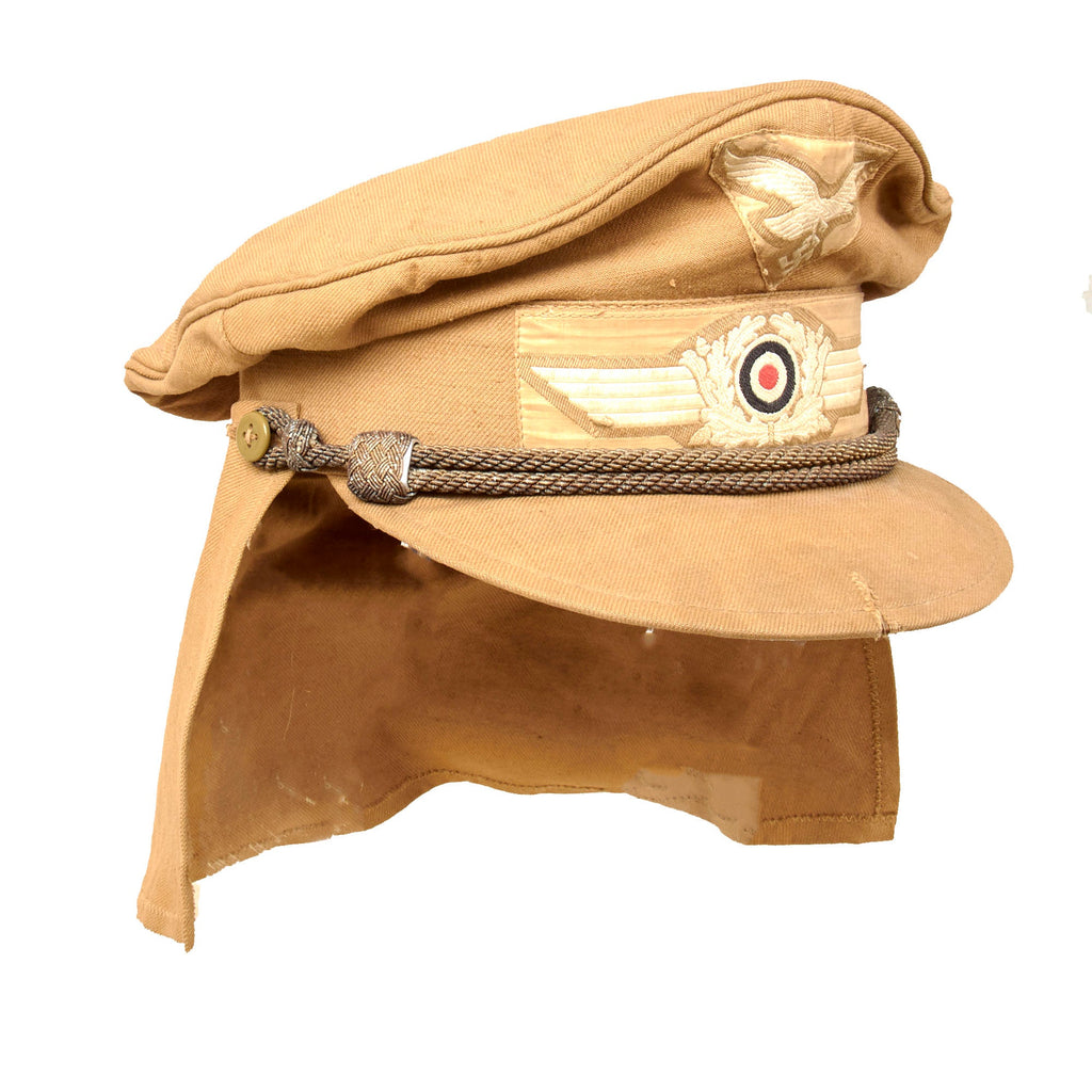 Original German WWII Rare 1943 Dated Luftwaffe DAK Afrikakorps Tropical "Hermann Meyer" Visor Cap with Havelock and Period Officer Chinstrap - size 56½ Original Items