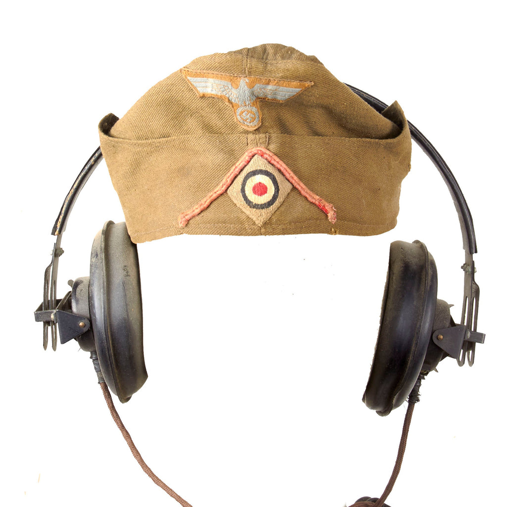 Original German WWII DAK Afrikakorps Panzer EM-NCO M38 Overseas Cap Size 54cm with Armored Vehicle Model B Headset Original Items