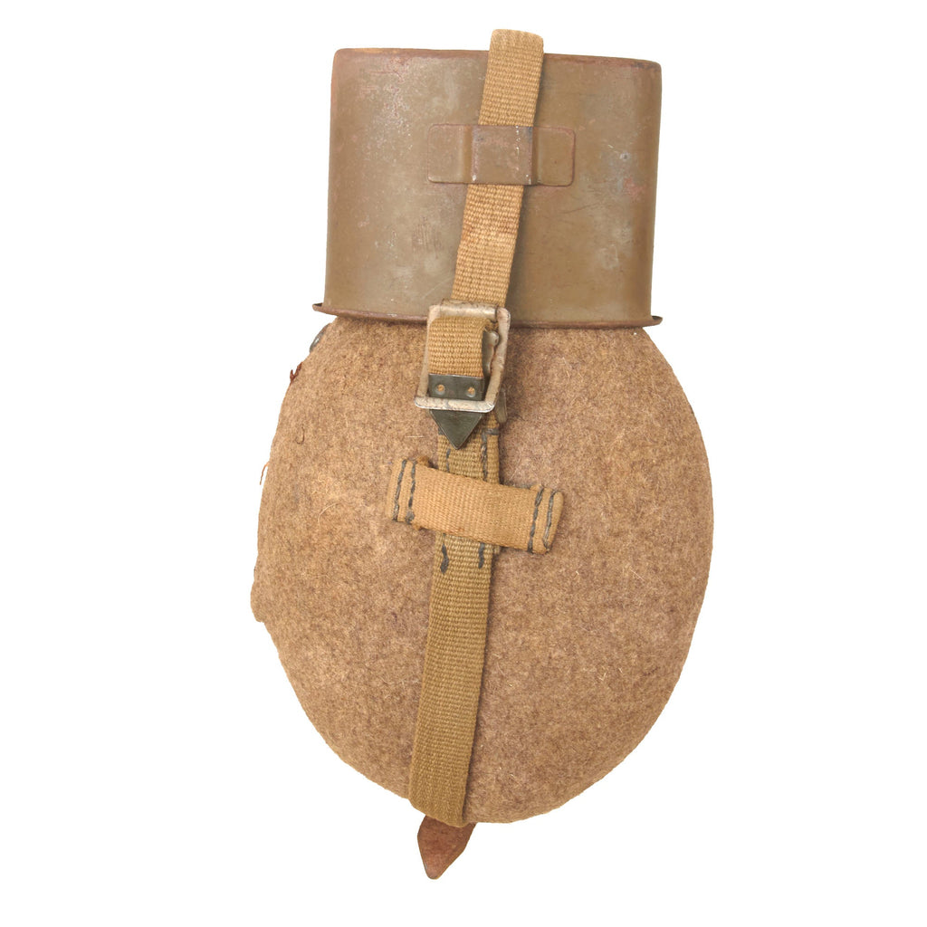 Original German WWII Aluminum M31 Canteen with Tropical Canvas Harness & Aluminum Cup by Carl Feldhaus Aluminium-und Metallwerke - Matched and Dated 1942 & 1943 Original Items