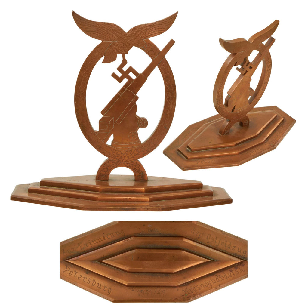 Original German WWII Trench Art Luftwaffe Anti-Aircraft Flak Battle Badge Desk Display Made at Petersburg in 1941-1942 - Outstanding Original Items