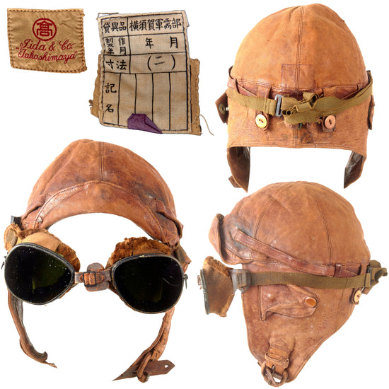 Original Japanese Post-WWI Rare Leather Summer Flight Helmet by Iida & Co. Takashimaya with Period Goggles - Size 2 Original Items
