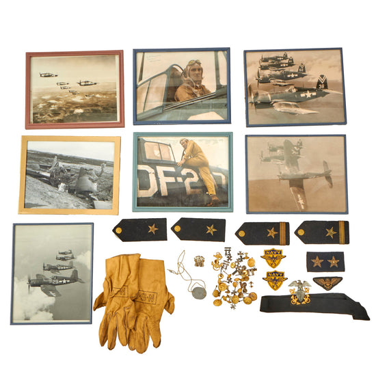 Original U.S. WWII Navy F6F Hellcat Fighter Pilot Robert Soracco Dog Tag & Flight Gloves Grouping with Pilot’s Wings & Framed Photos - Three Aerial Victories / Kills Original Items