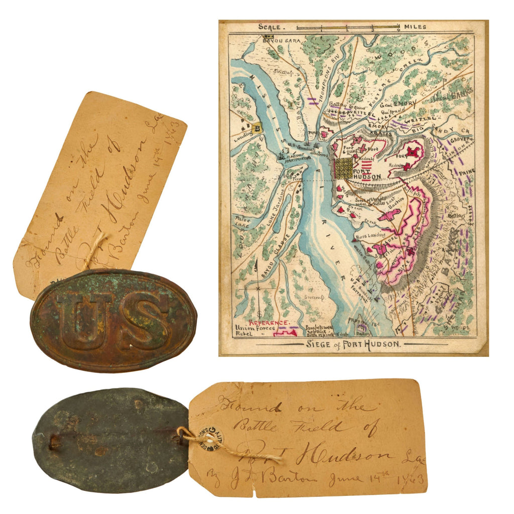 Original U.S. Civil War Federal 1861 Cartridge Box Plate with Period Provenance Tag - Found on Battlefield of Siege of Port Hudson, Louisiana While Siege was Ongoing Original Items