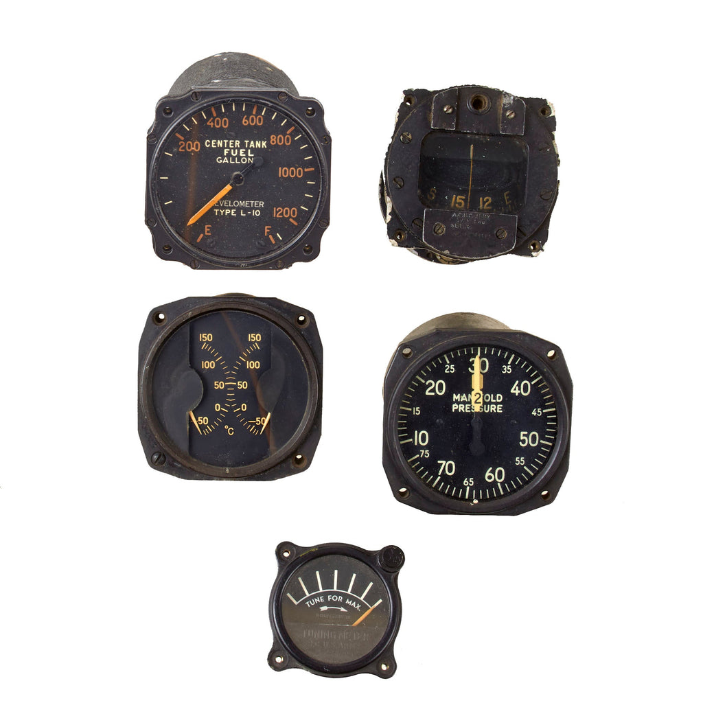 Original U.S. WWII Aircraft Gauges Including Tuning Meter & Type B-16 - Lot of Five Original Items