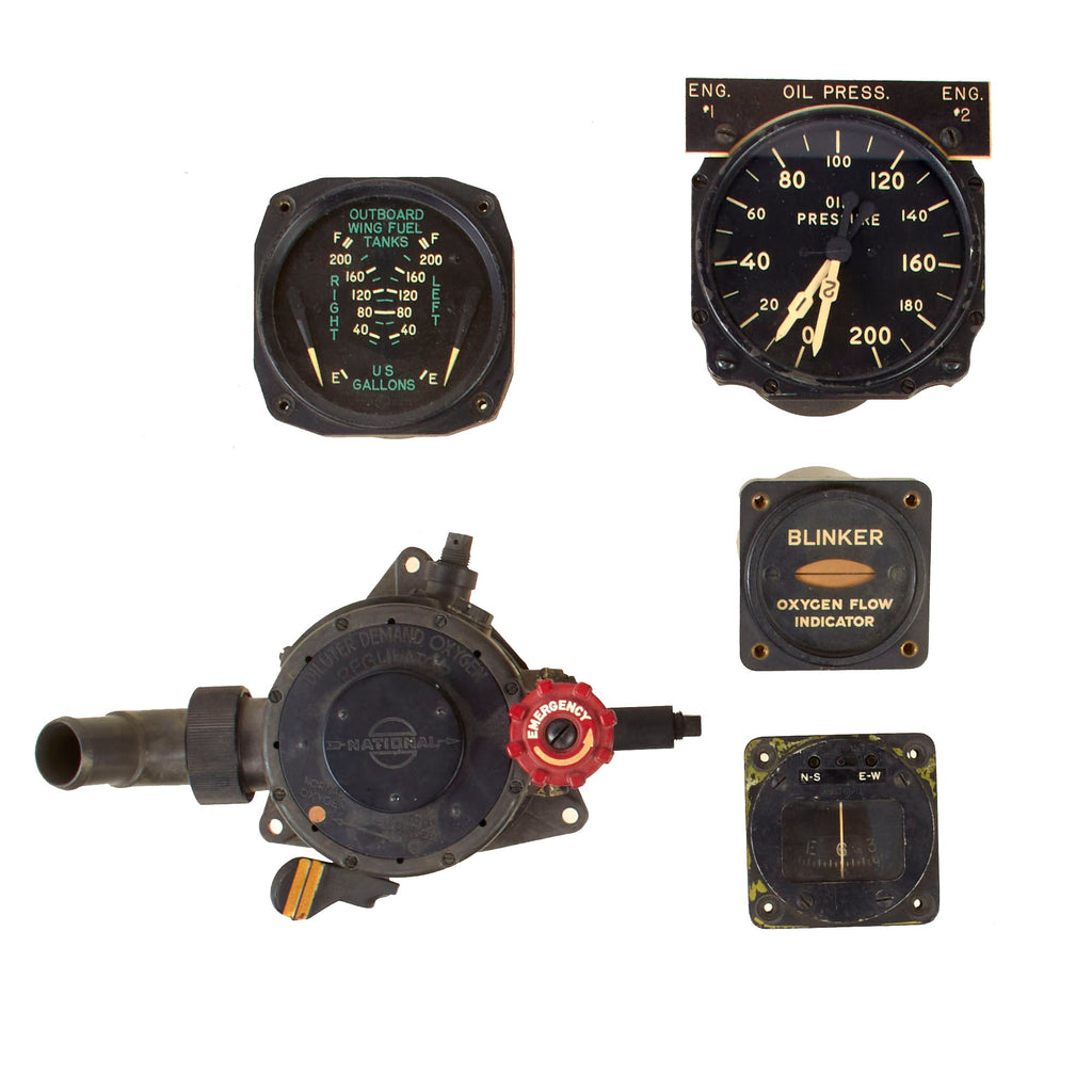 Original U.S. WWII Aircraft Gauges Including Oxygen Regulator & Pilot’s Standby Compass - Lot of Five Original Items