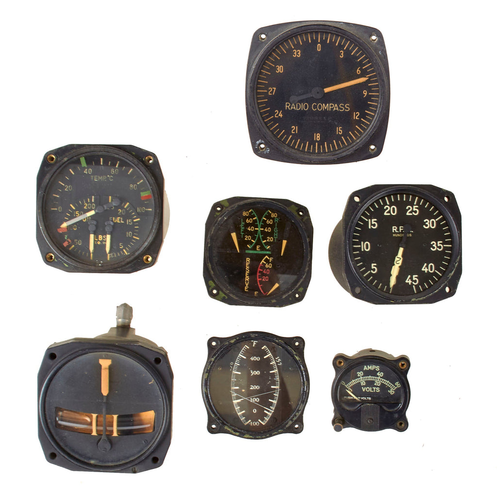 Original U.S. WWII Aircraft Gauges Including Radio Compass & Voltage Meters - Lot of Seven Original Items