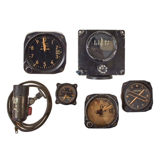 Original U.S. WWII Aircraft Gauges Including Directional Gyro Indicator & Cockpit Lamp Type C-4 - Lot of Six Original Items