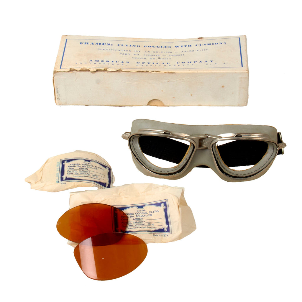 Original U.S. WWII AAF Unissued AN-6530 Goggles in Original Box with Two Sets of Lens Wrapped in Paper - Amber & Green Original Items