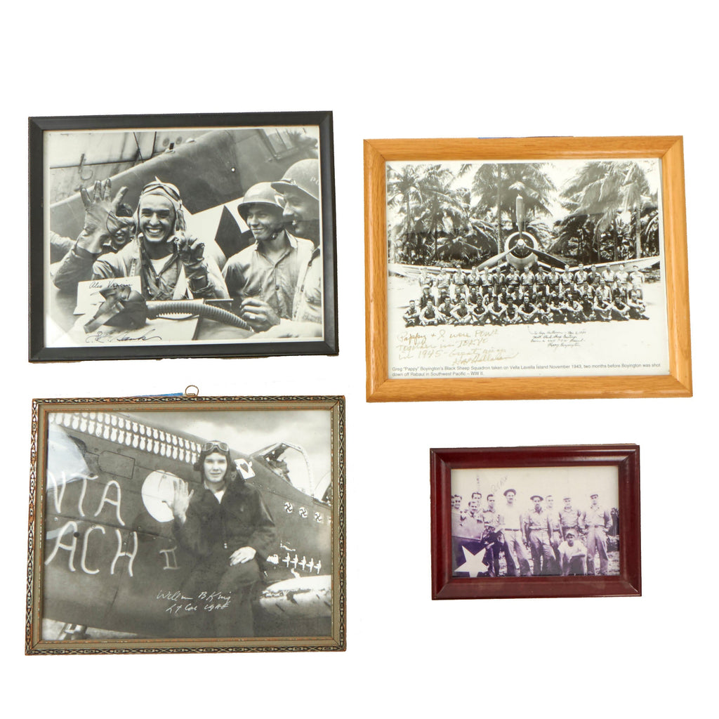 Original U.S. WWII Framed Autograph Lot with Hap Halloran, Rex Barber, Alex Vraciu, and William King - Four Pieces Total Original Items