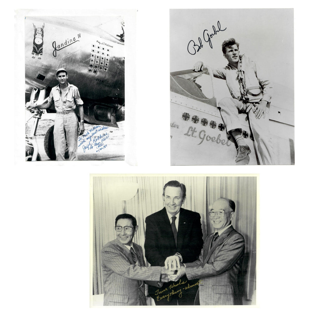 Original U.S. WWII Autograph Lot with Enola Gay Pilot Paul Tibbets & Chuck Sweeney, Bob Goebel, Jay T. Robbins, and Hap Halloran - Five Pieces Total Original Items