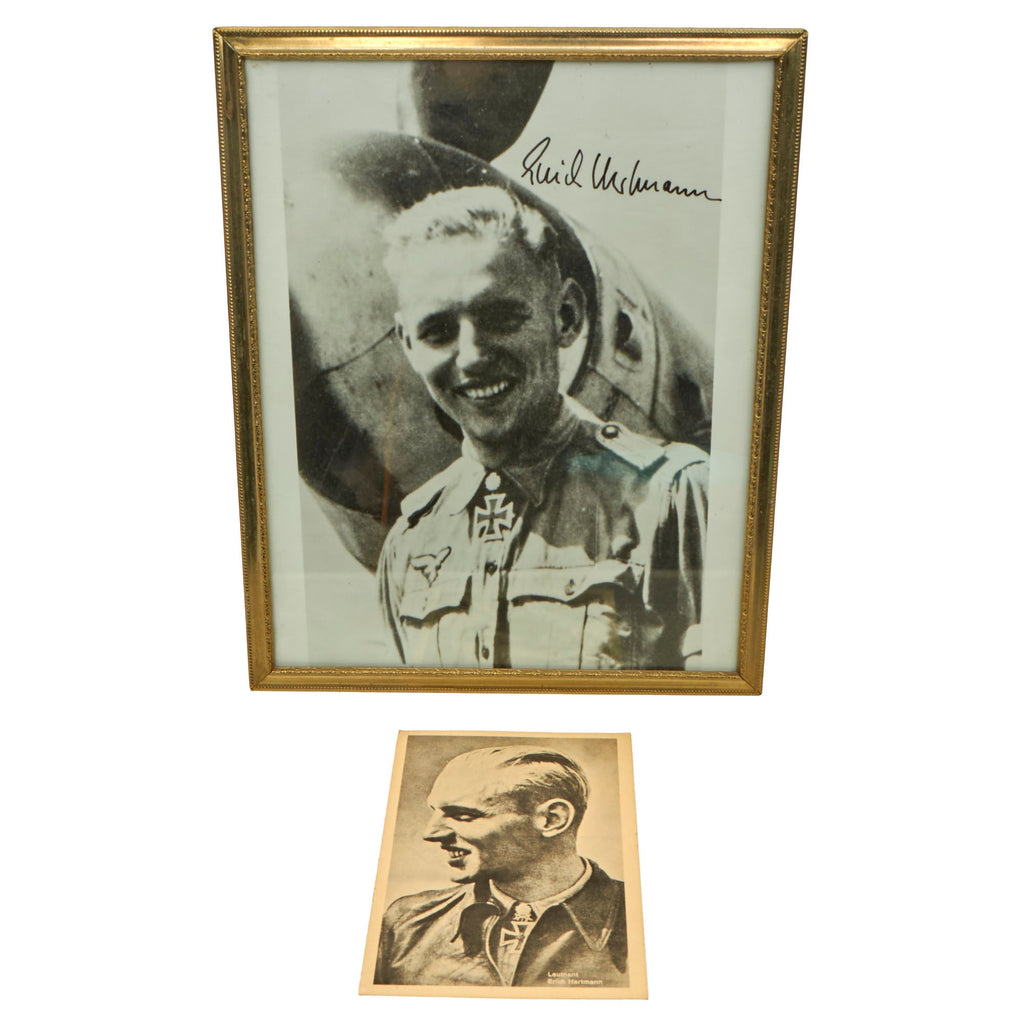 Original German WWII Framed Flying Ace Erich Hartmann Signed Reprinted Photo with RPPC - 8 ⅛ x 10 ⅛” Original Items