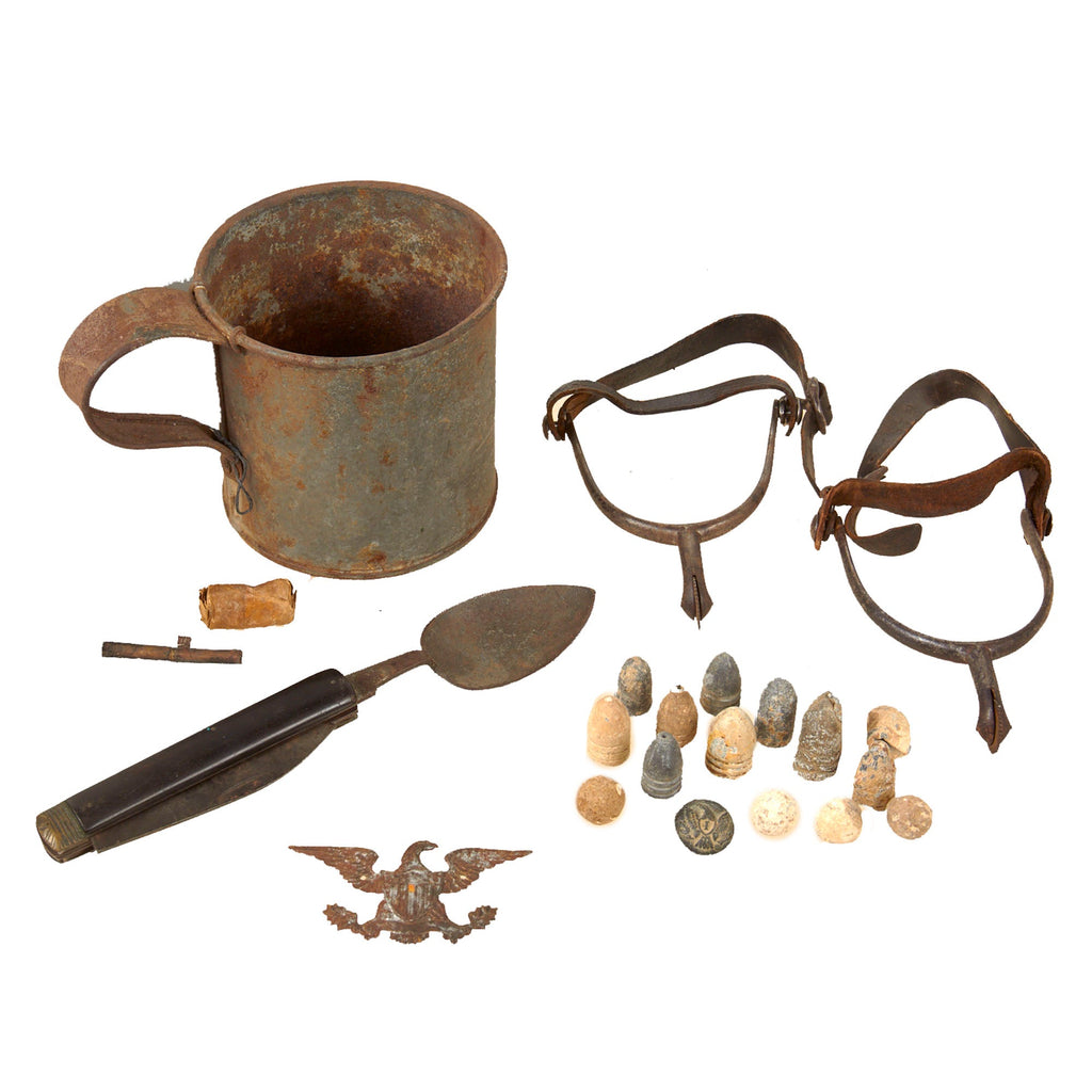 Original U.S. Civil War Soldier Personal Item Lot with Multi-Tool Utensil & Great Set of Spurs - Recovered Bullets & Button Original Items