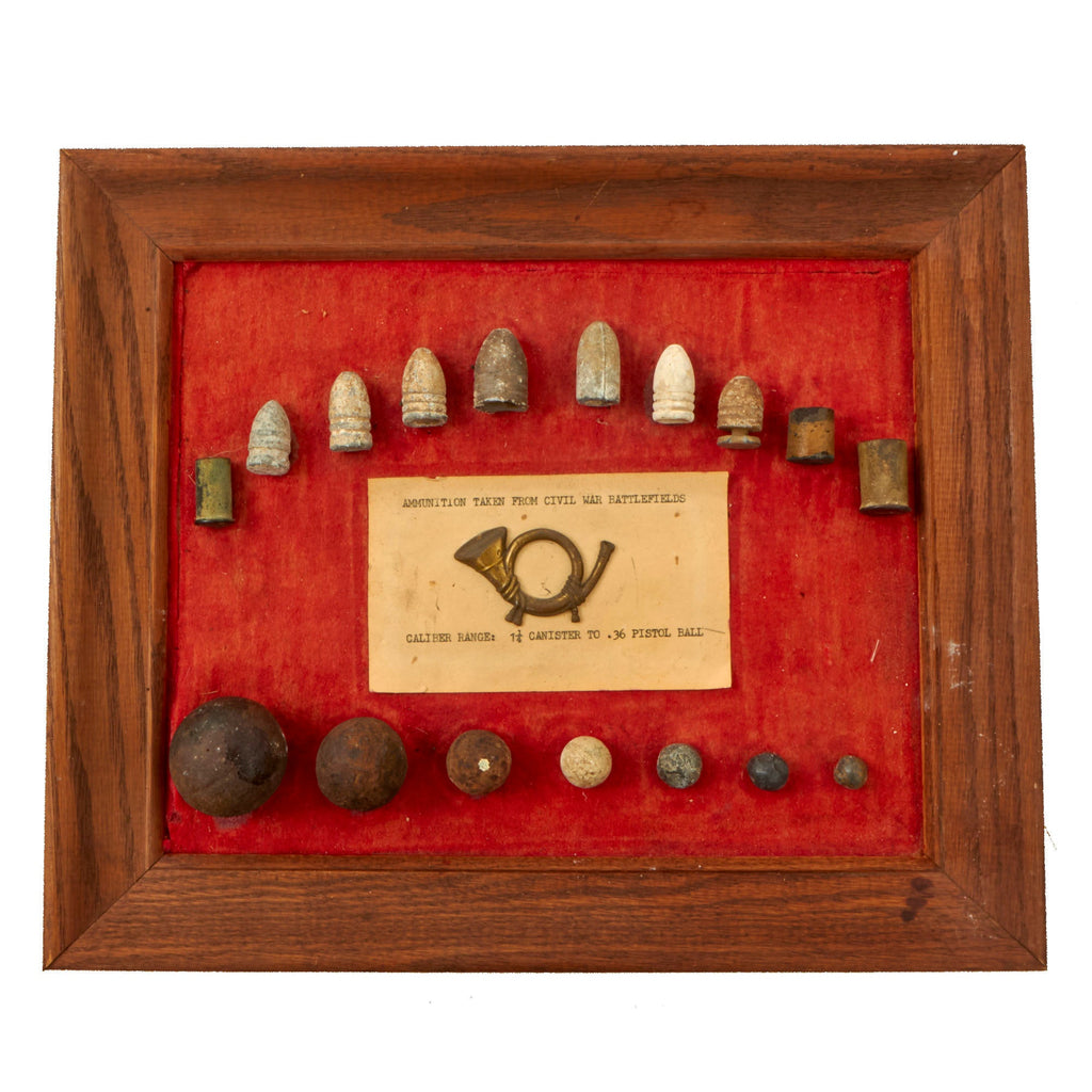 Original U.S. Civil War Framed Collection of Battlefield-Recovered Ammunition & Infantry Cap Badge - 10½ x 12¼” Original Items