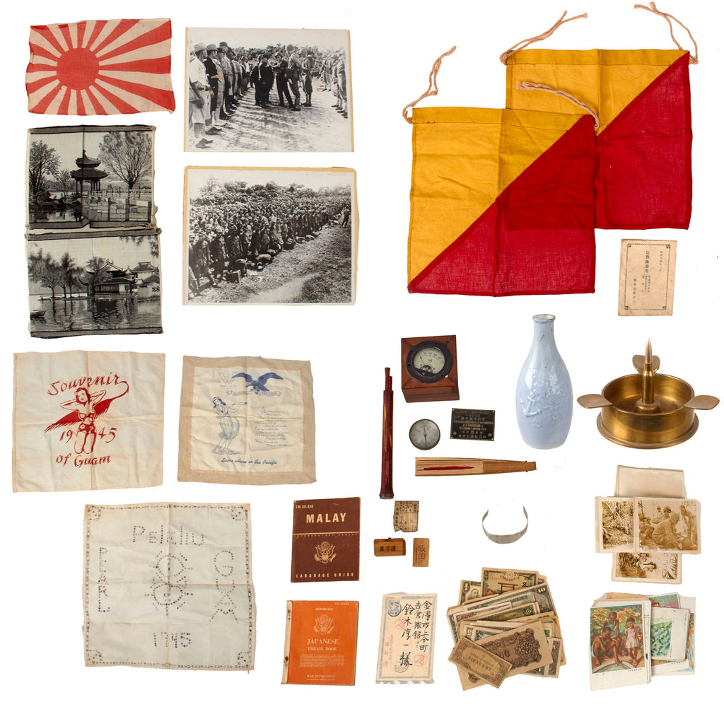 Original U.S. WWII Japanese GI Souvenir Lot with Japanese Aircraft Gauge, Signal Flags & Original Manual, Trench Art Ashtray, and Tons of Photos, Paper Money, and Ephemera Original Items